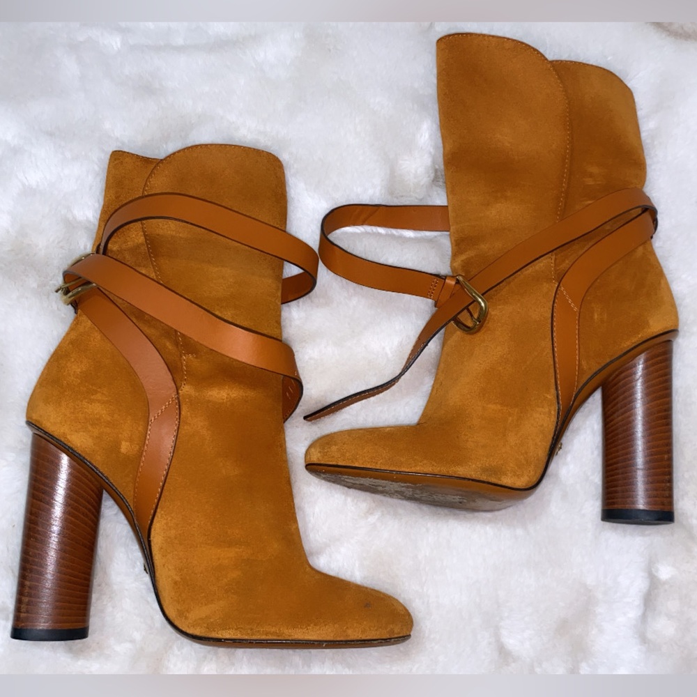 Gucci Mustard Suede Ankle Boots with Leather Wrap Straps